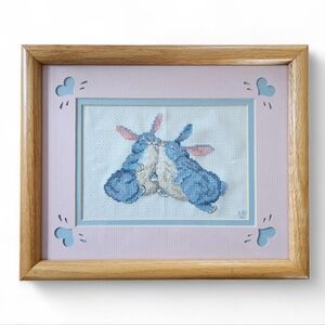 Framed Blue Bunny Cross Stitch Wall Art, Vintage Nursery Decor